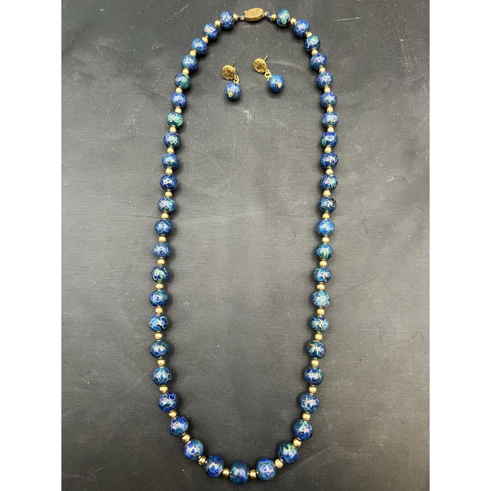 vintage chinese cloisonne Beaded Necklace & Earrings Set 24"